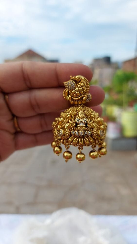 Rubans Gold Plated Ruby Studded Nakkashi Lakshmi Jhumka