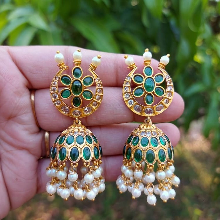 Layered Emerald Design Jhumkas South India Jewels Online shop